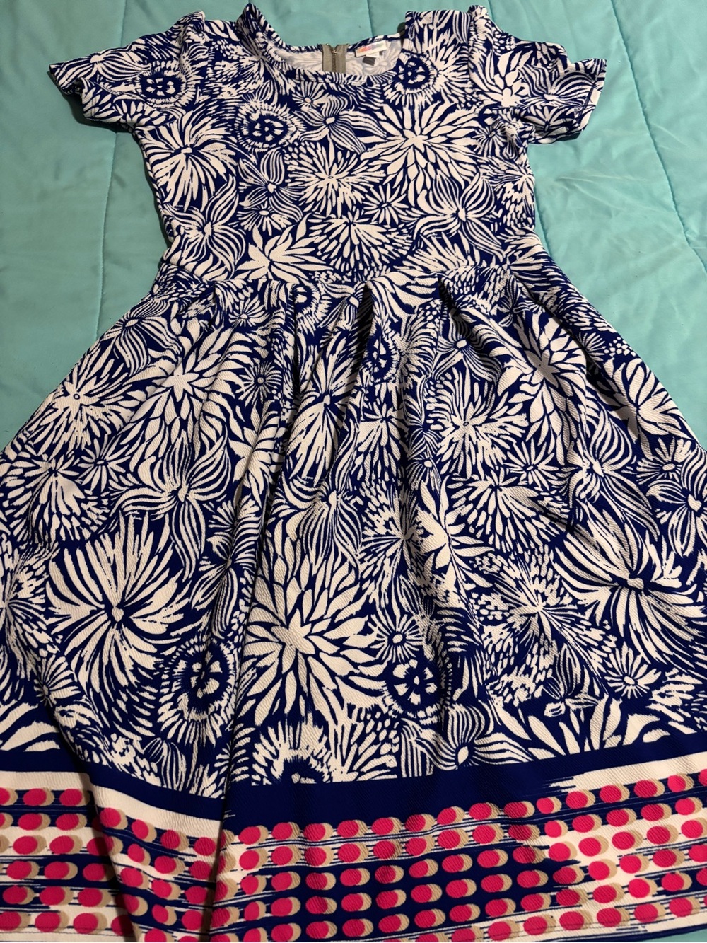 LuLaRoe Amelia Dress Blue White Floral Pink Polka Dot Hem Pockets